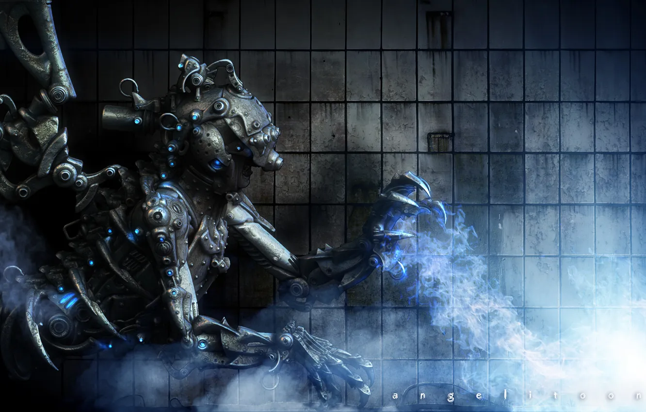 Photo wallpaper lights, smoke, robot, pair, witch of thought