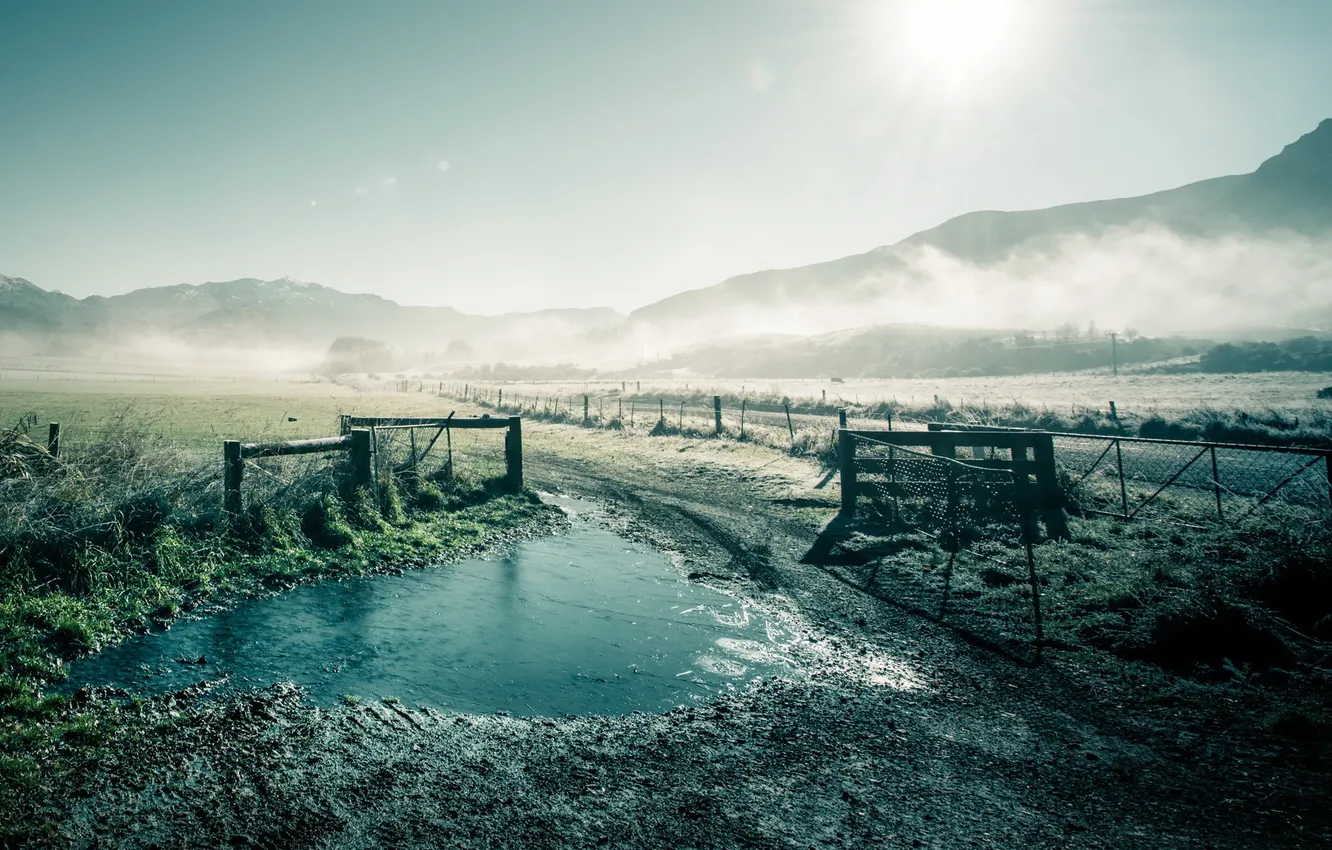 Photo wallpaper field, fog, the fence