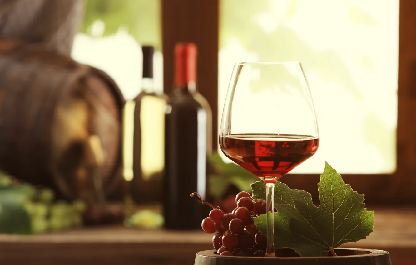 Photo wallpaper white, leaves, red, wine, glass, bottle, window, grapes