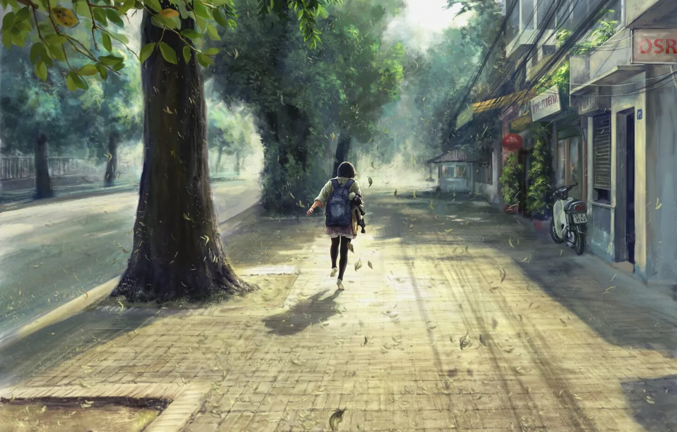 Photo wallpaper leaves, the wind, street, girl, Day, backpack