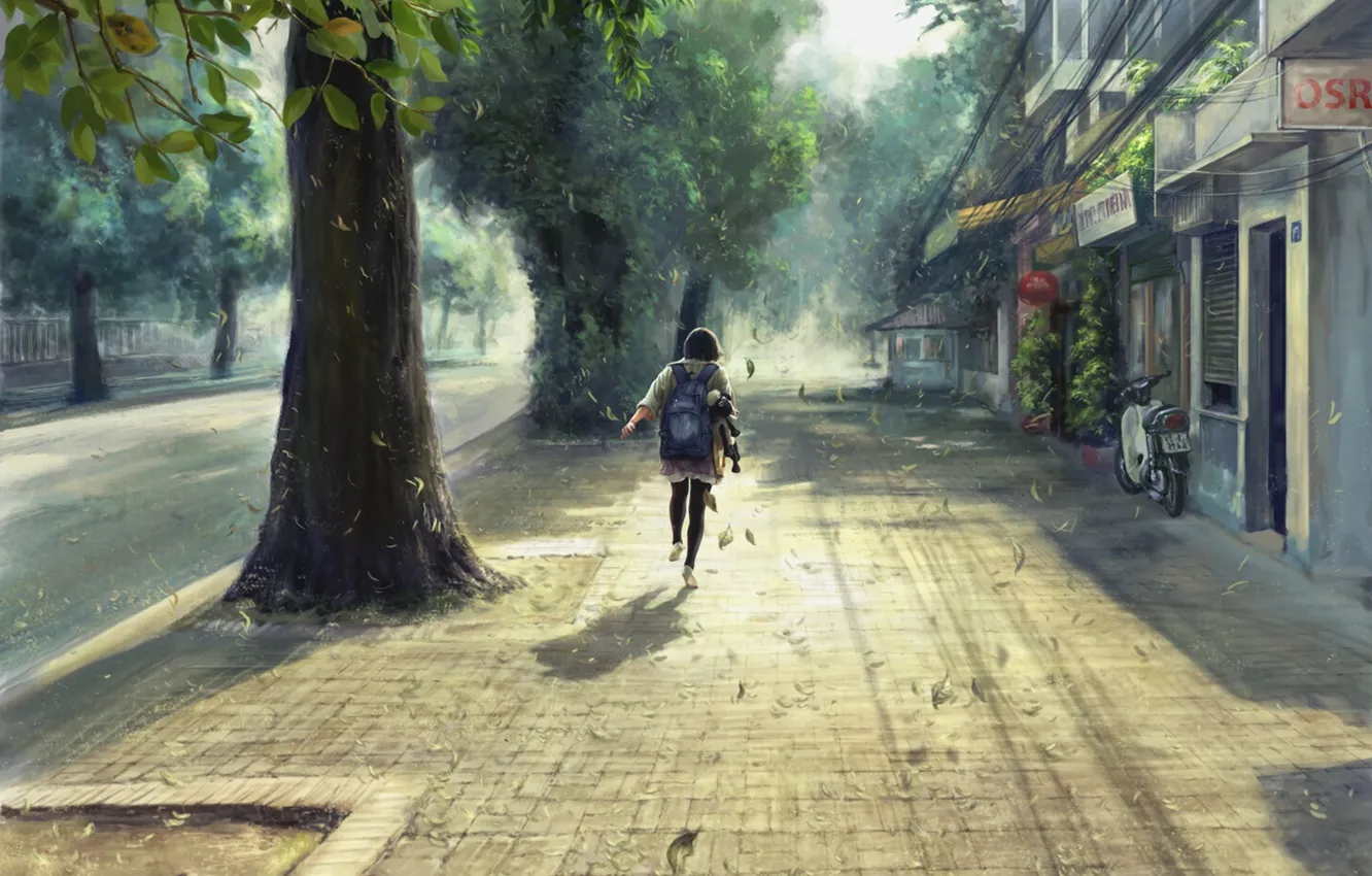 Photo wallpaper leaves, the wind, street, day, girl, backpack