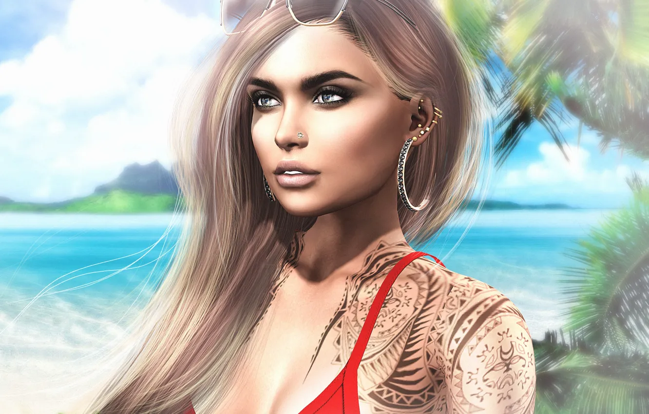 Photo wallpaper summer, eyes, girl, face, hair, tattoo, glasses, lips