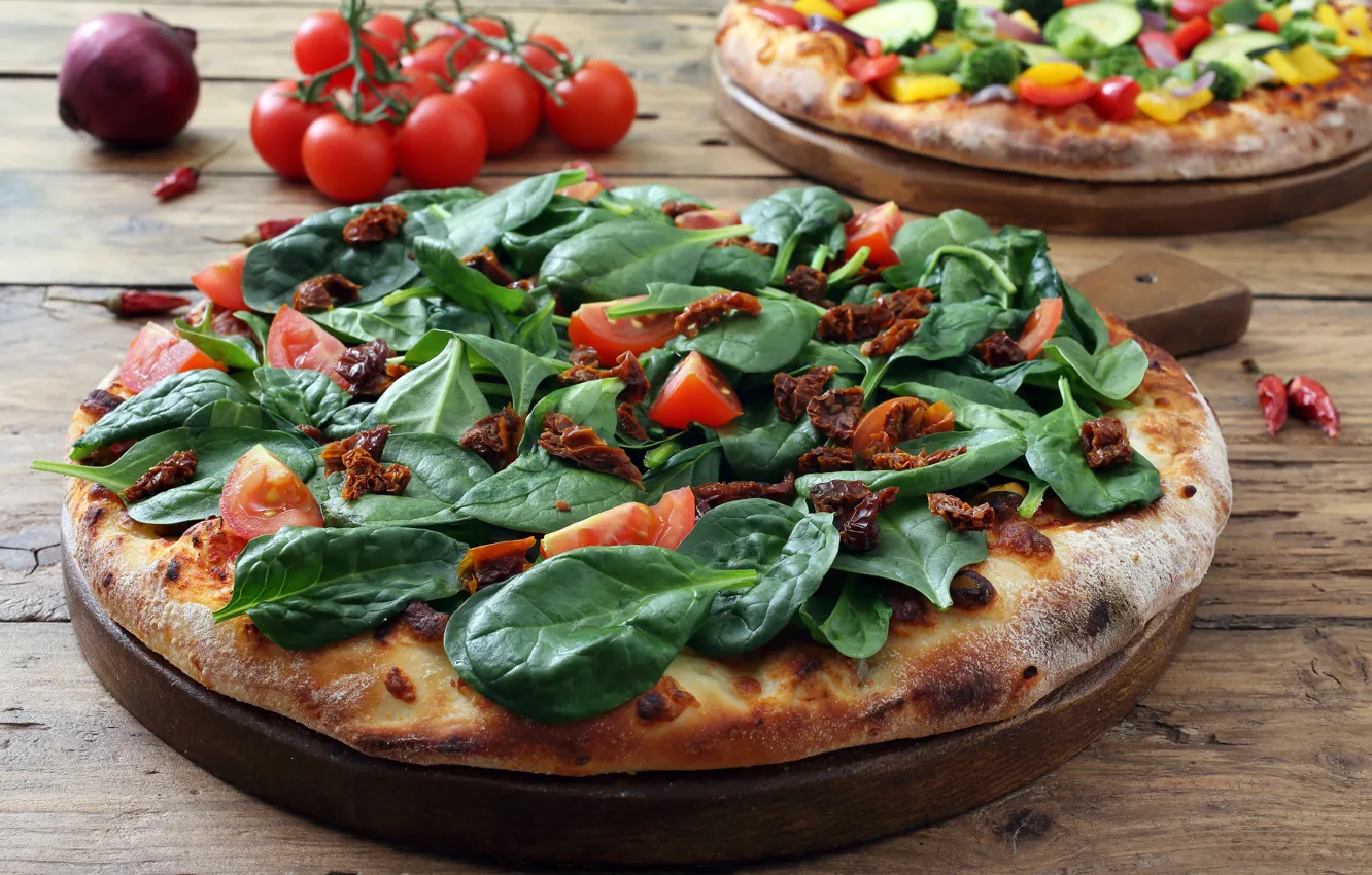 Photo wallpaper food, pizza, tomatoes-cherry, peppers, pizza, zucchini, vegtariana, spinaci