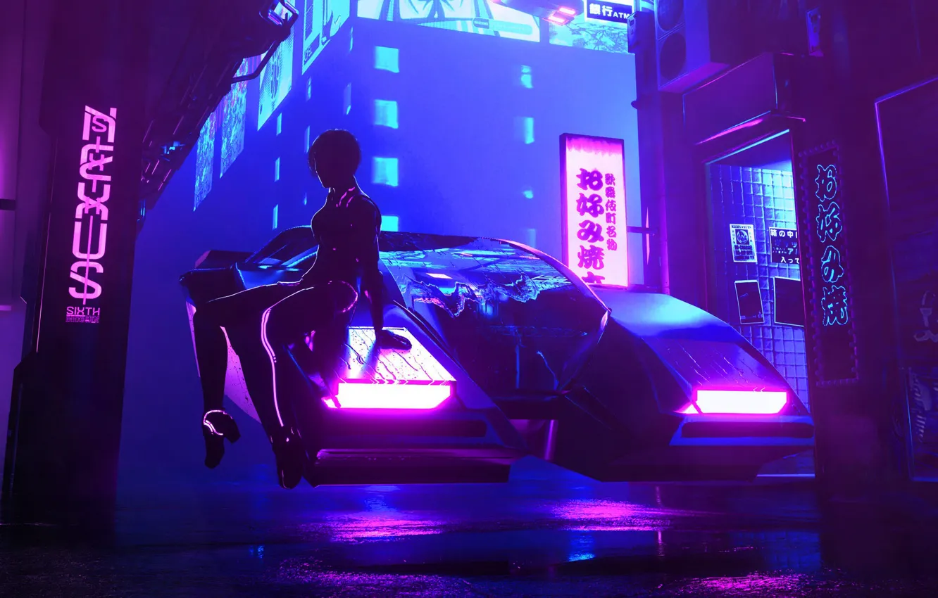 Photo wallpaper machine, night, style, rendering, fiction, transport, neon, cyberpunk