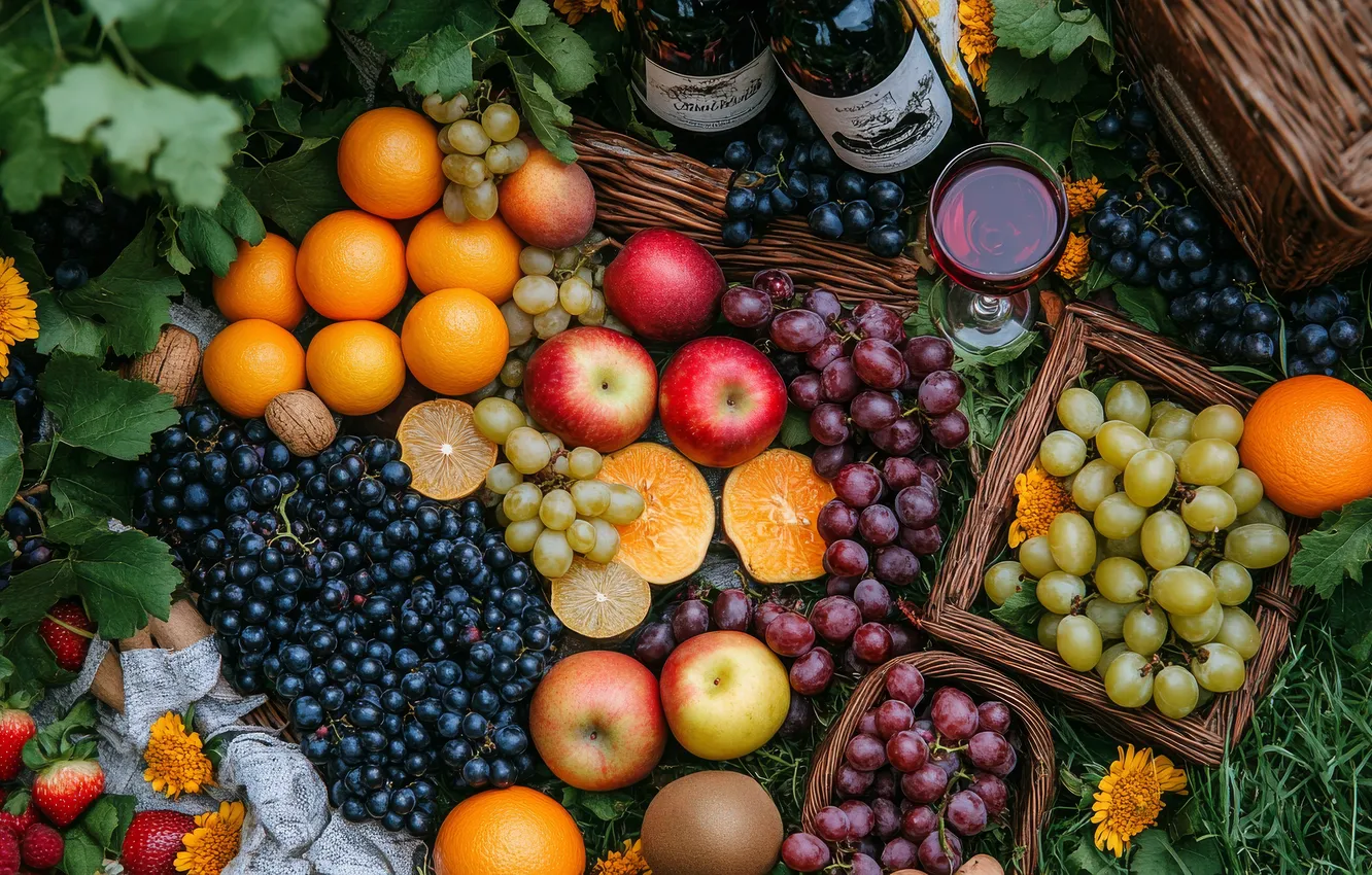 Photo wallpaper wine, fruit, a lot, cuts, AI art, neural network