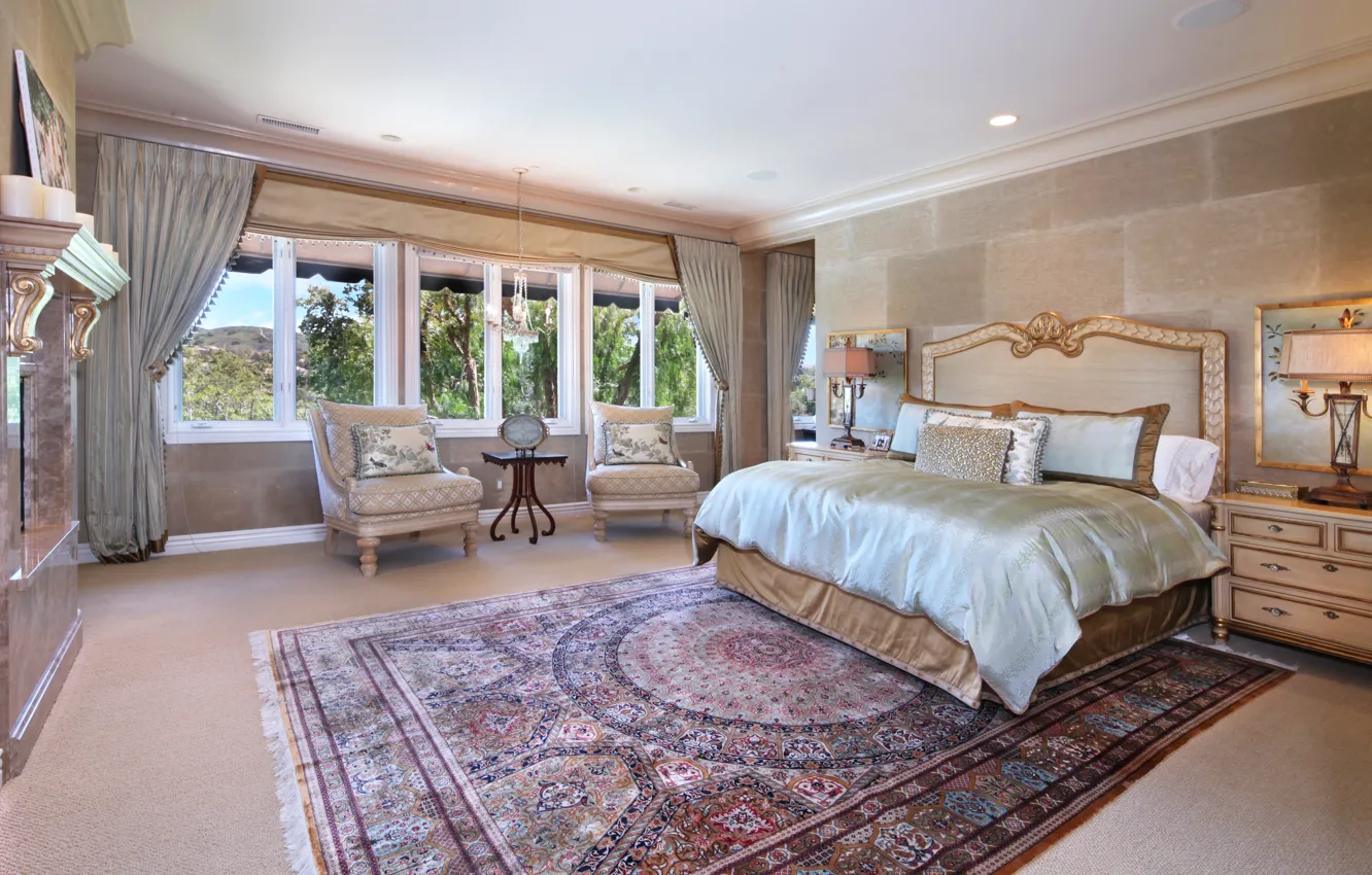 Photo wallpaper design, carpet, bed, pillow, window, lamp, curtains, mansion