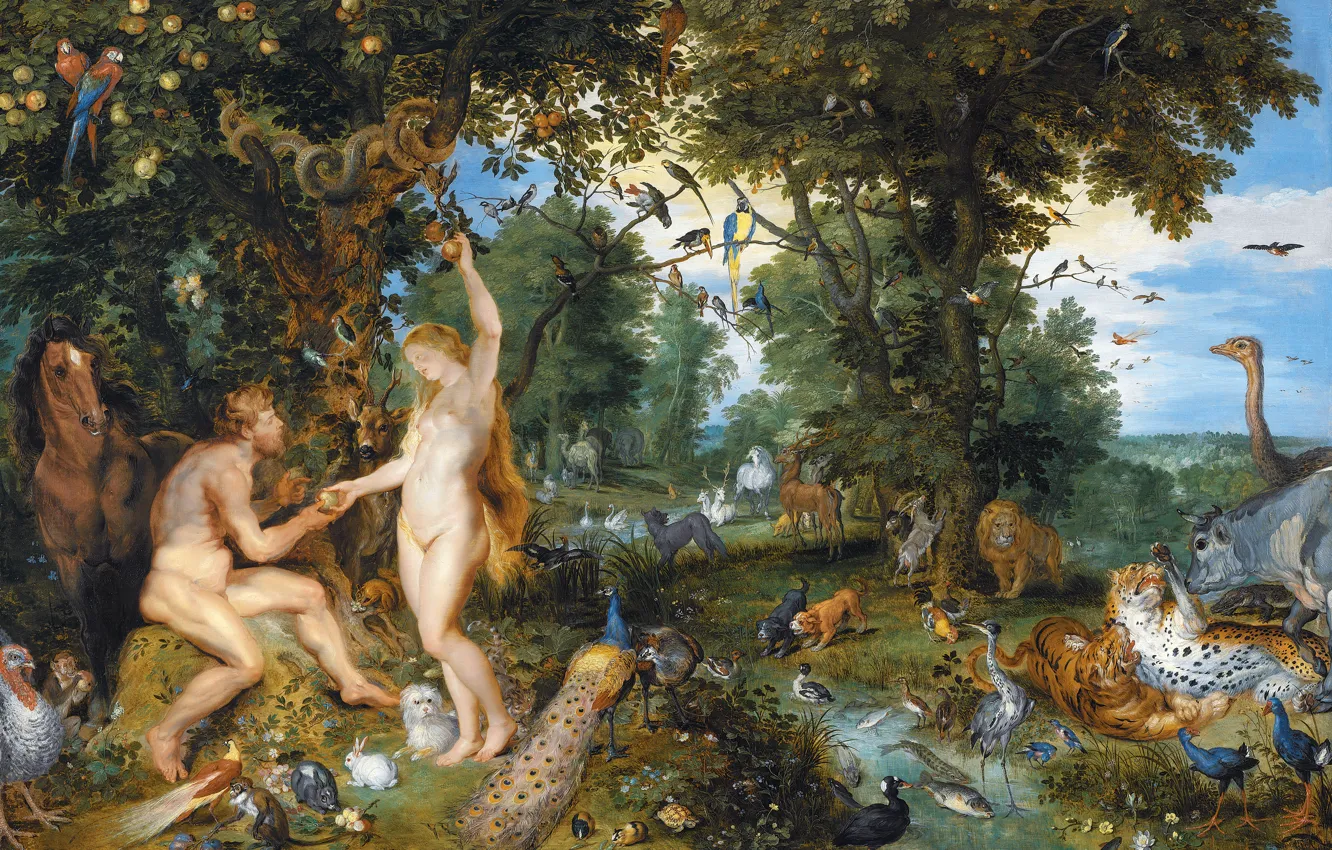 Photo wallpaper the sky, trees, birds, animals, Paradise, Apple, Peter Paul Rubens, the garden of eden