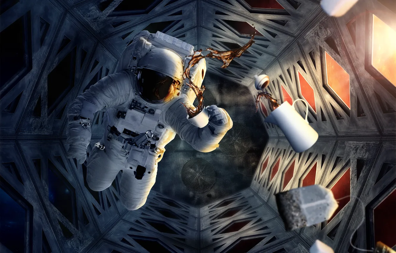 Photo wallpaper space, coffee, the suit, Cup, helmet, astronaut
