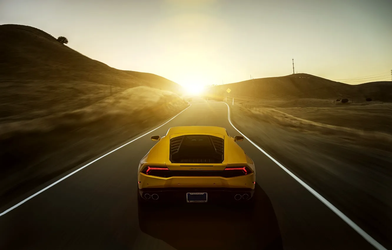 Photo wallpaper Lamborghini, yellow, sunset, rear, LP 610-4, Huracan, LB724