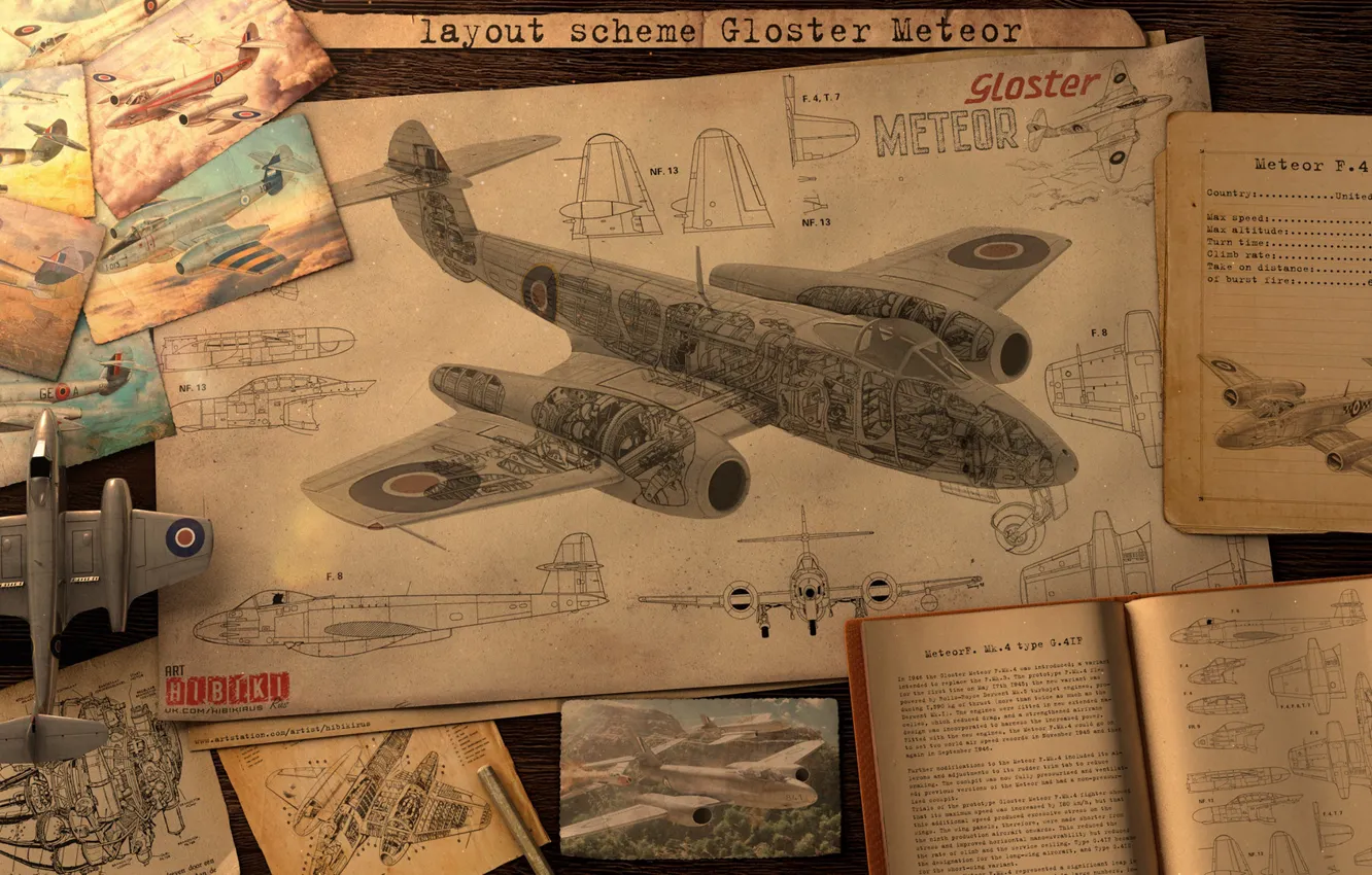 Photo wallpaper the plane, drawings, magazines, layout sheme Gloster meteor