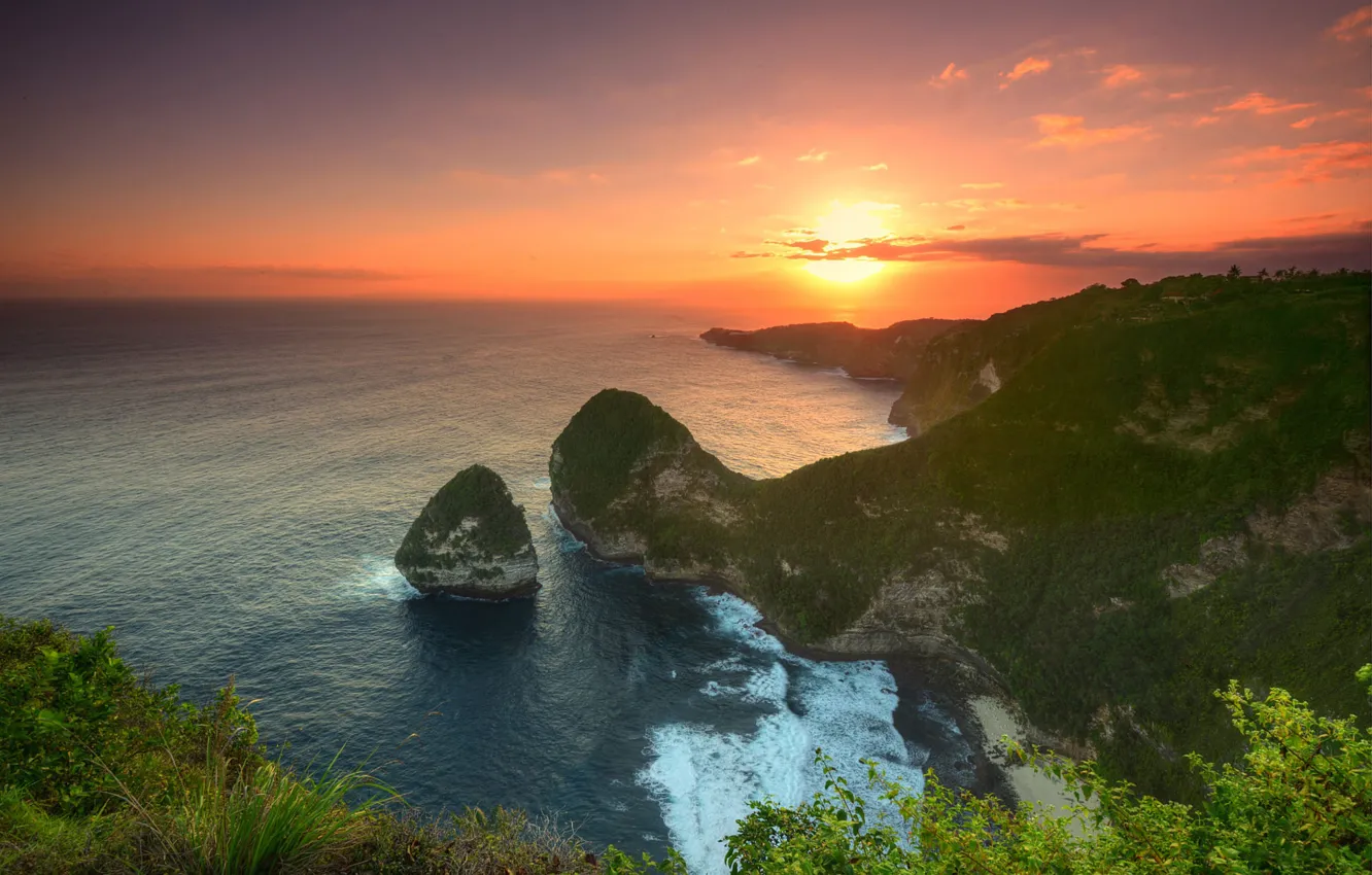 Photo wallpaper sea, the sky, the sun, clouds, sunset, fog, rocks, dawn