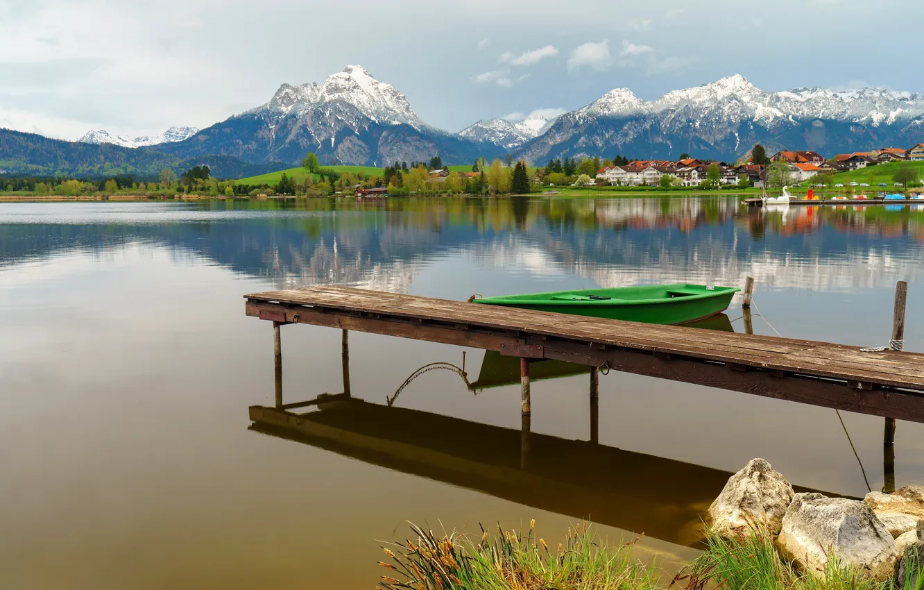 Photo wallpaper roof, the sky, mountains, green, comfort, lake, reflection, stones
