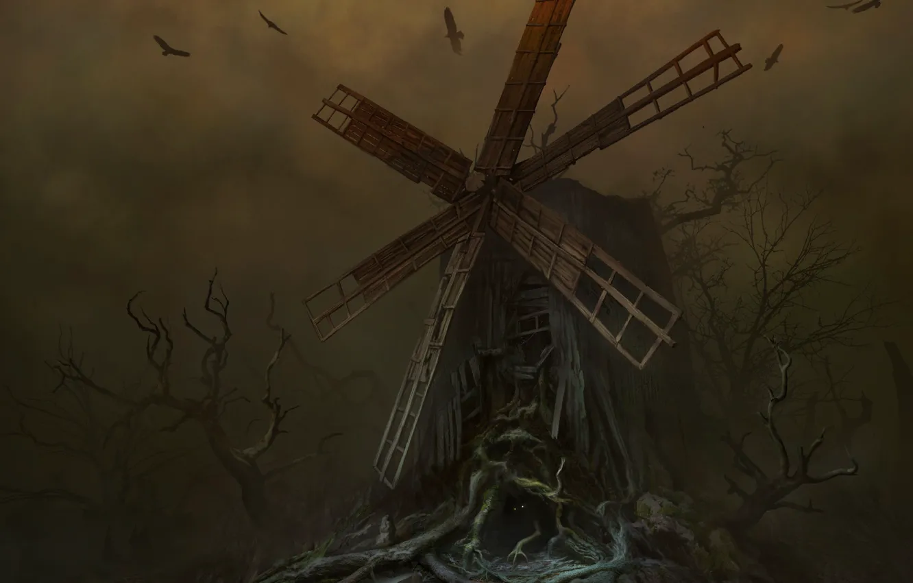 Photo wallpaper night, darkness, being, mill, horror