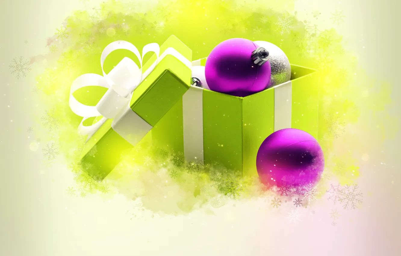 Photo wallpaper snowflakes, green, background, box, balls, toy, new year, ribbon