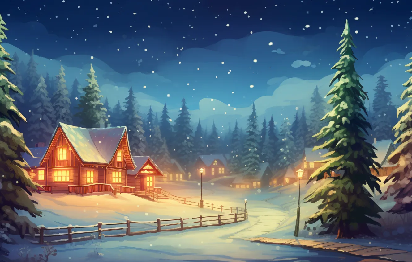 Photo wallpaper winter, snow, holiday, graphics, tree, new year, home, Christmas