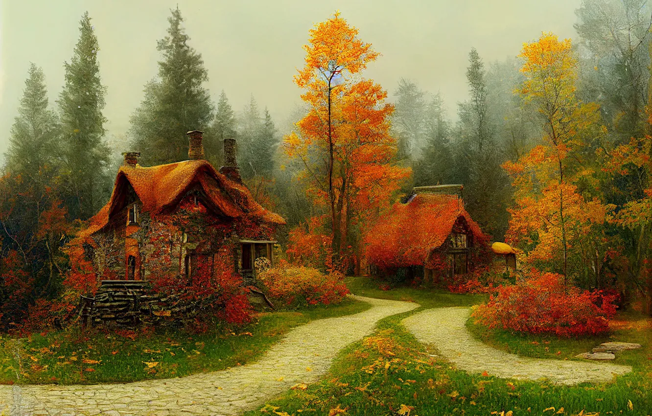 Photo wallpaper roof, autumn, forest, trees, comfort, glade, figure, graphics