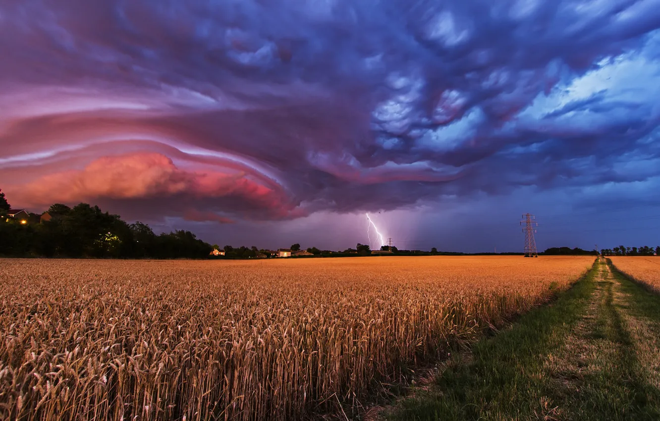 Photo wallpaper road, the storm, field, landscape, clouds, nature, lightning, the evening