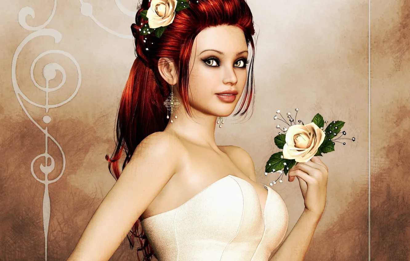 Photo wallpaper look, girl, flowers, face, rendering, background, hand, earrings