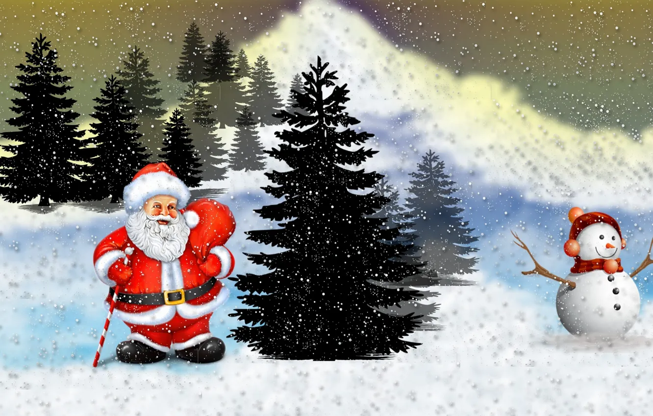 Photo wallpaper winter, snow, tree, new year, Christmas, snowman, Santa Claus
