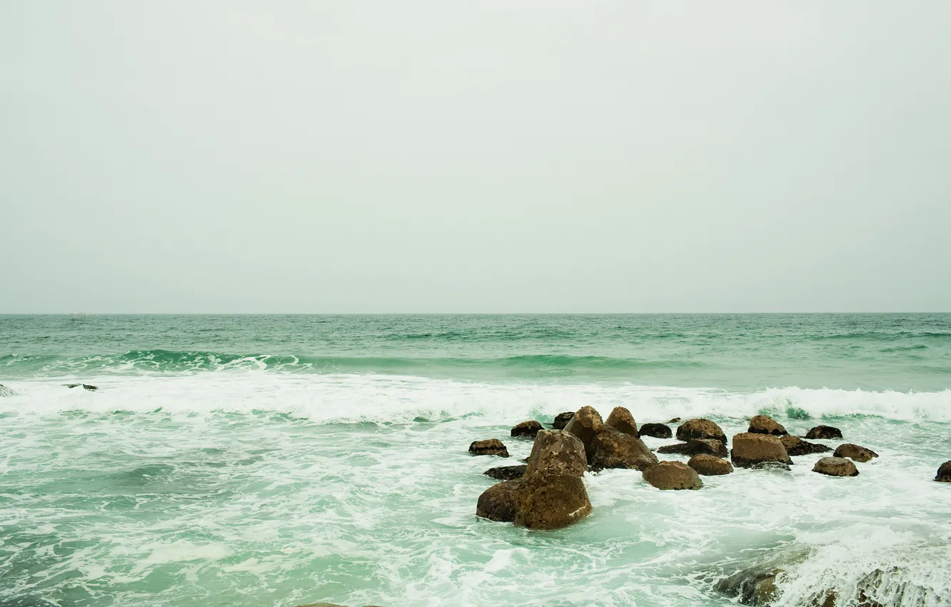 Photo wallpaper sea, wave, the sky, foam, water, squirt, stones, the ocean