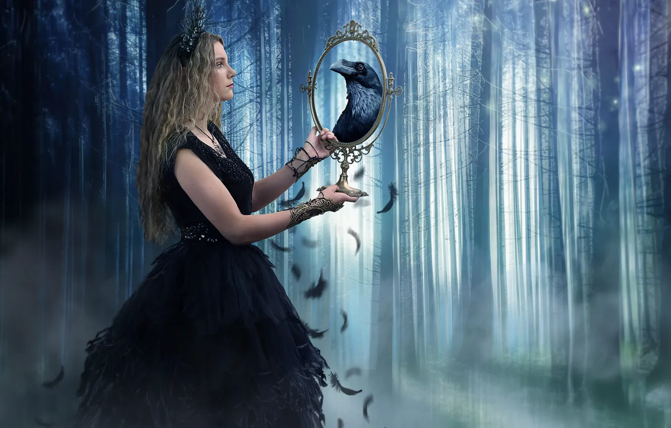 Photo wallpaper forest, girl, bird, mirror, witch, Raven, Tracy Lundgren