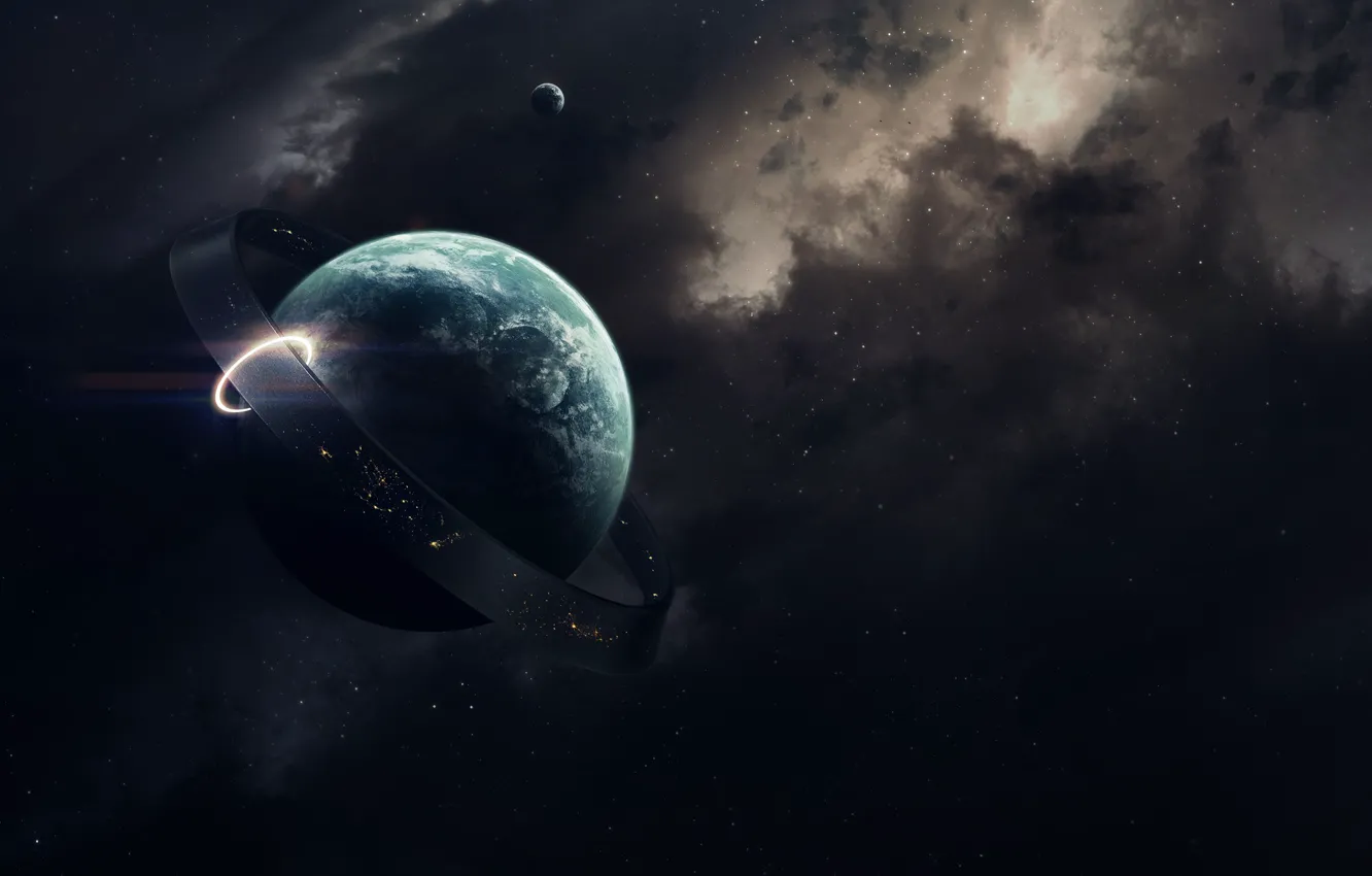 Photo wallpaper space, stars, nebula, fiction, planet, satellite, ring, art