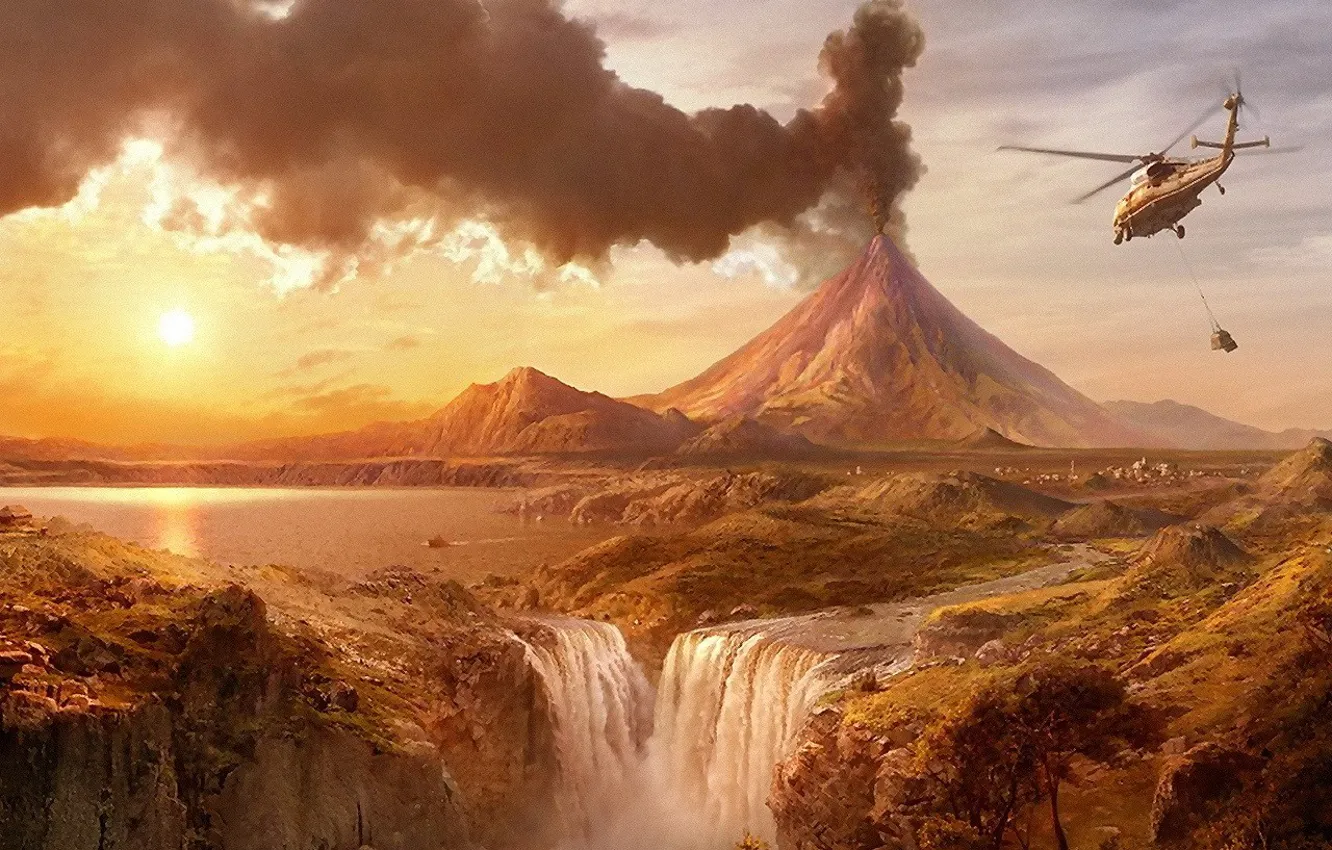 Photo wallpaper waterfall, the volcano, helicopter