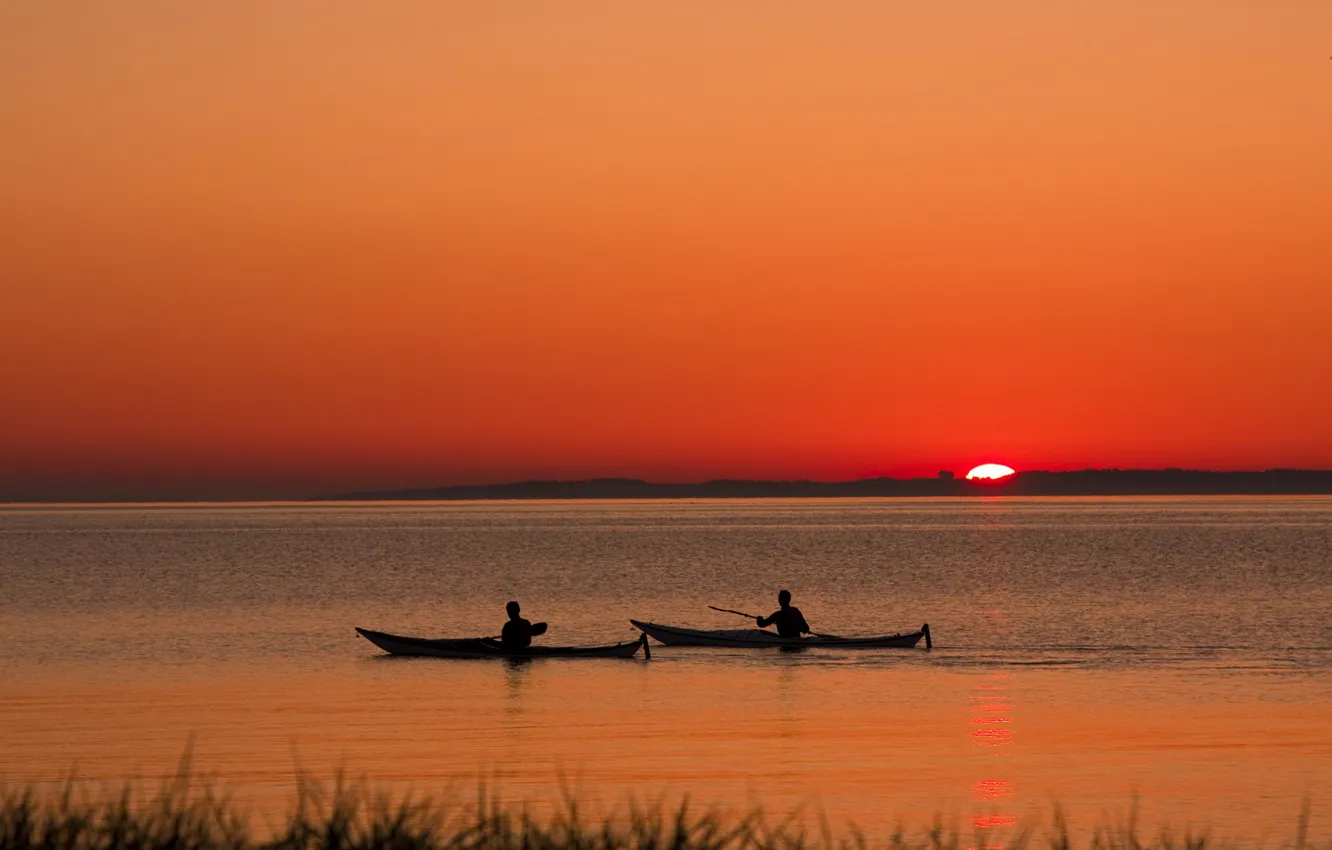 Photo wallpaper sunset, lake, boat