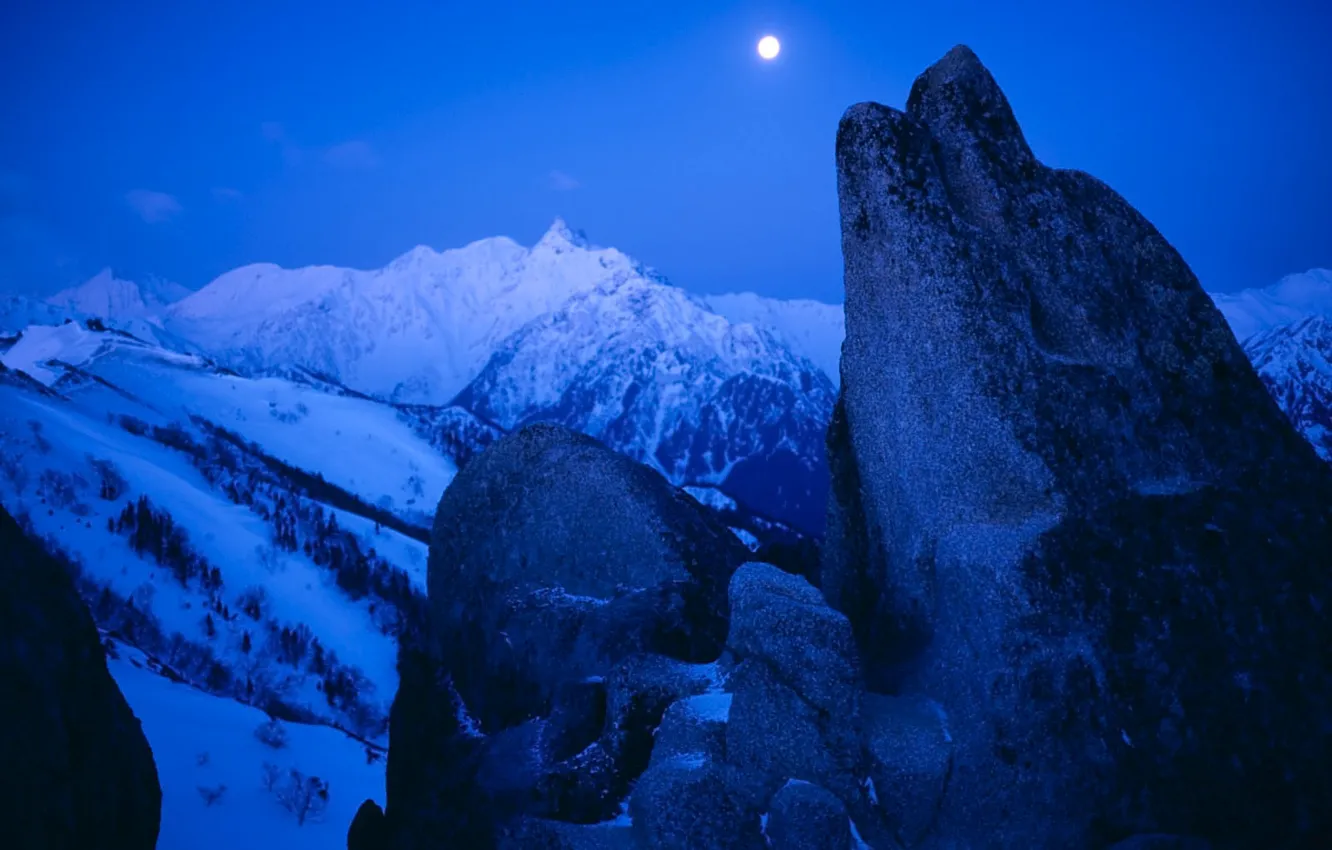 Photo wallpaper snow, mountains, the moon, Winter