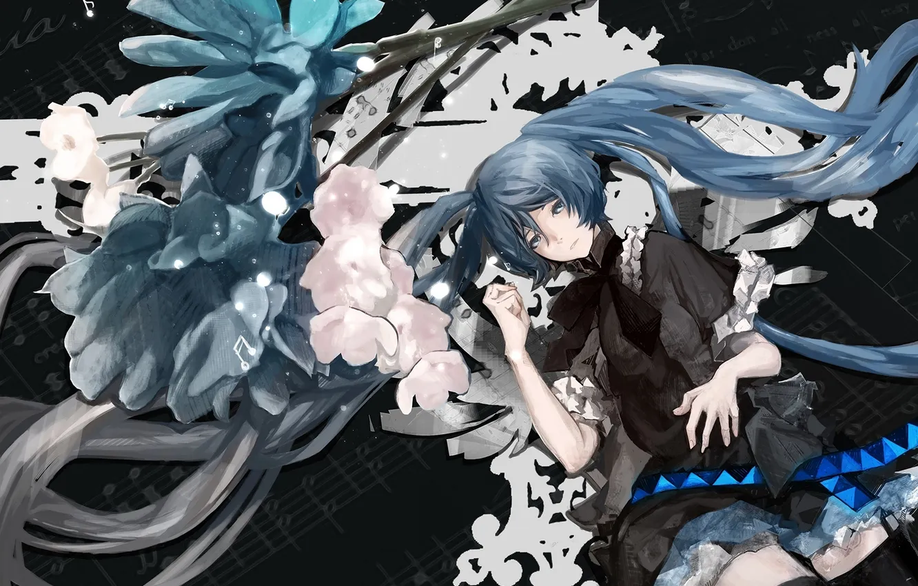 Photo wallpaper girl, flowers, notes, art, vocaloid, hatsune miku, luminous darkness, nello