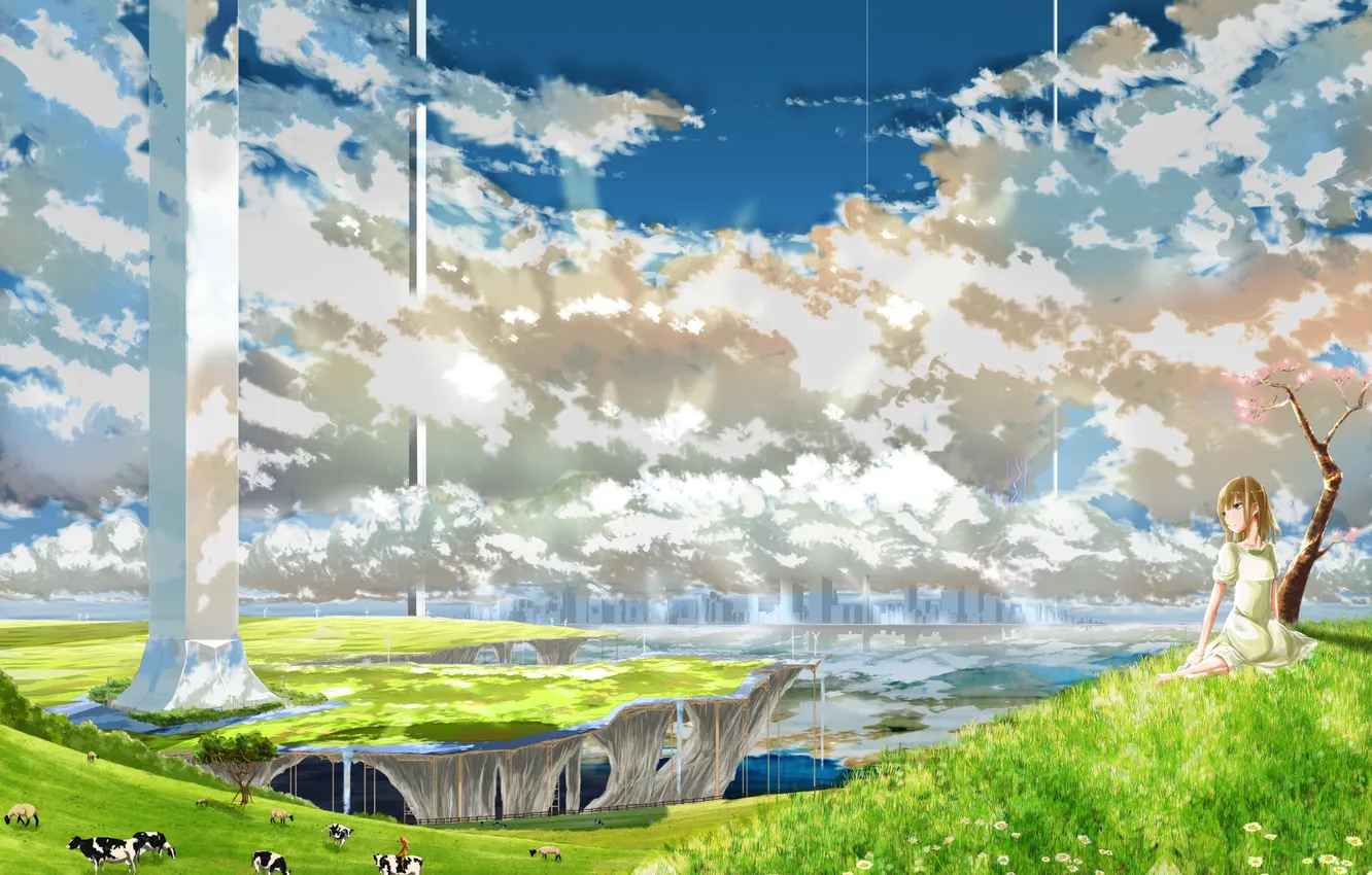 Photo wallpaper grass, girl, clouds, nature, animal, anime, cows, art