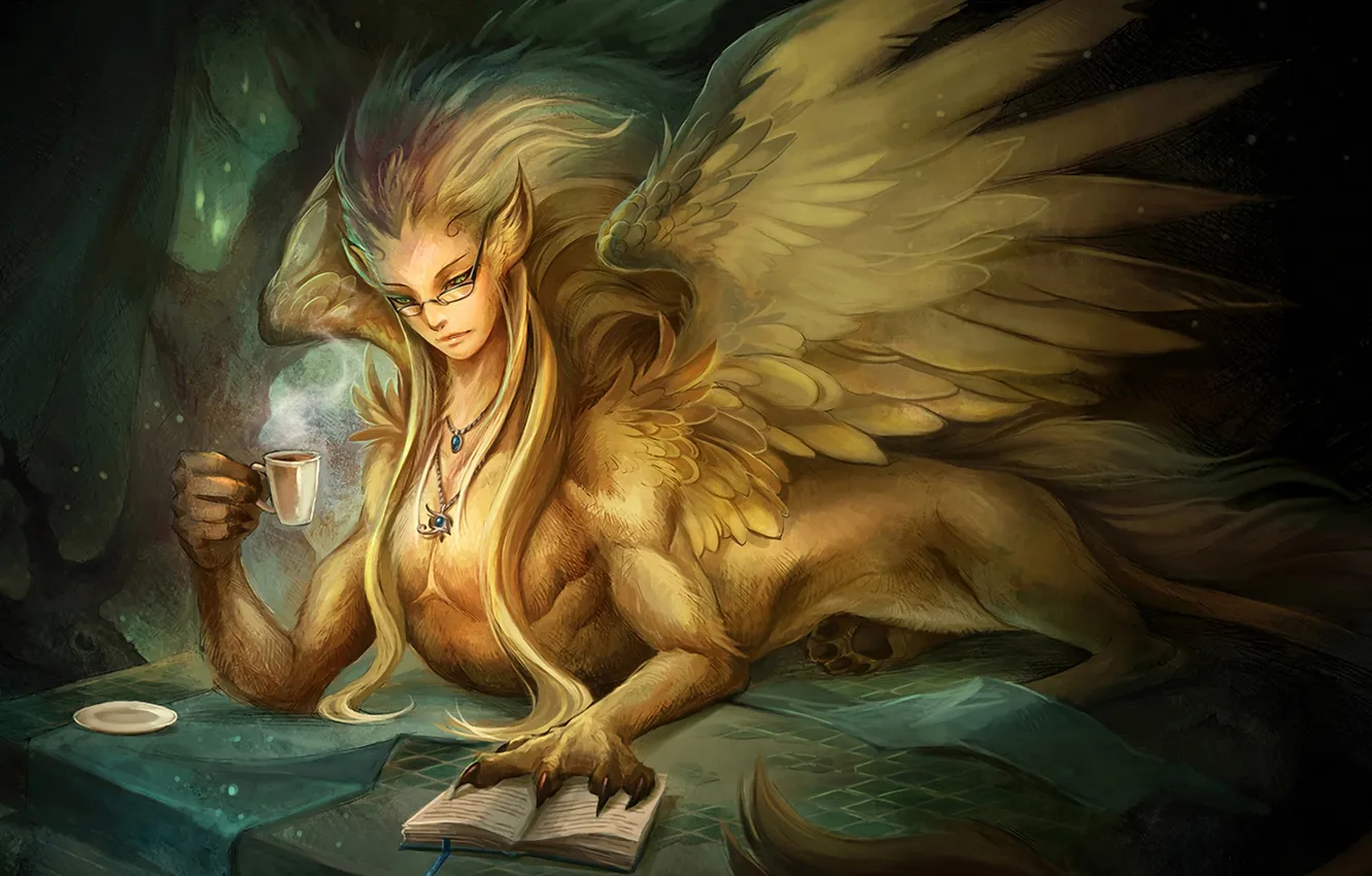 Photo wallpaper girl, wings, paws, feathers, glasses, Cup, pendant, book
