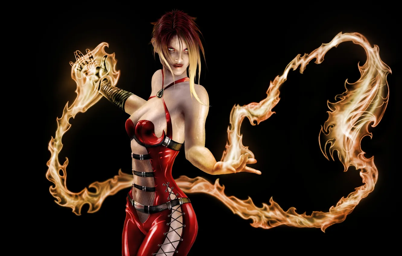 Photo wallpaper look, girl, lights, fiction, art, costume, black background, lady of fire