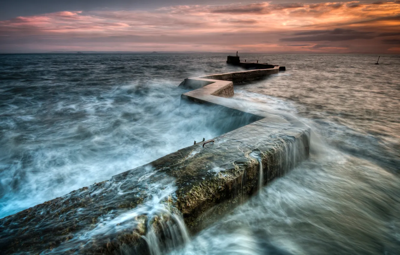 Photo wallpaper sea, the sky, water, sunset, squirt, stream, pierce, concrete