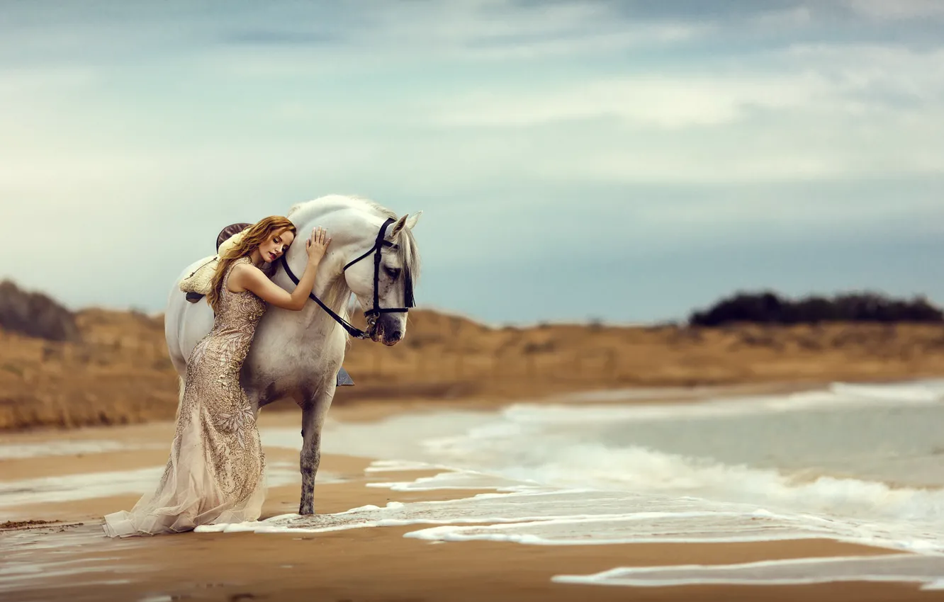 Photo wallpaper girl, horse, shore