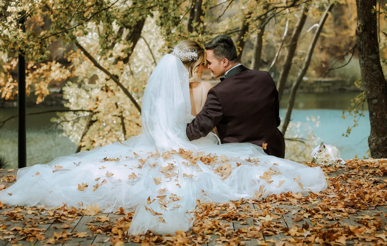 Photo wallpaper autumn, girl, trees, nature, Park, foliage, male, sitting