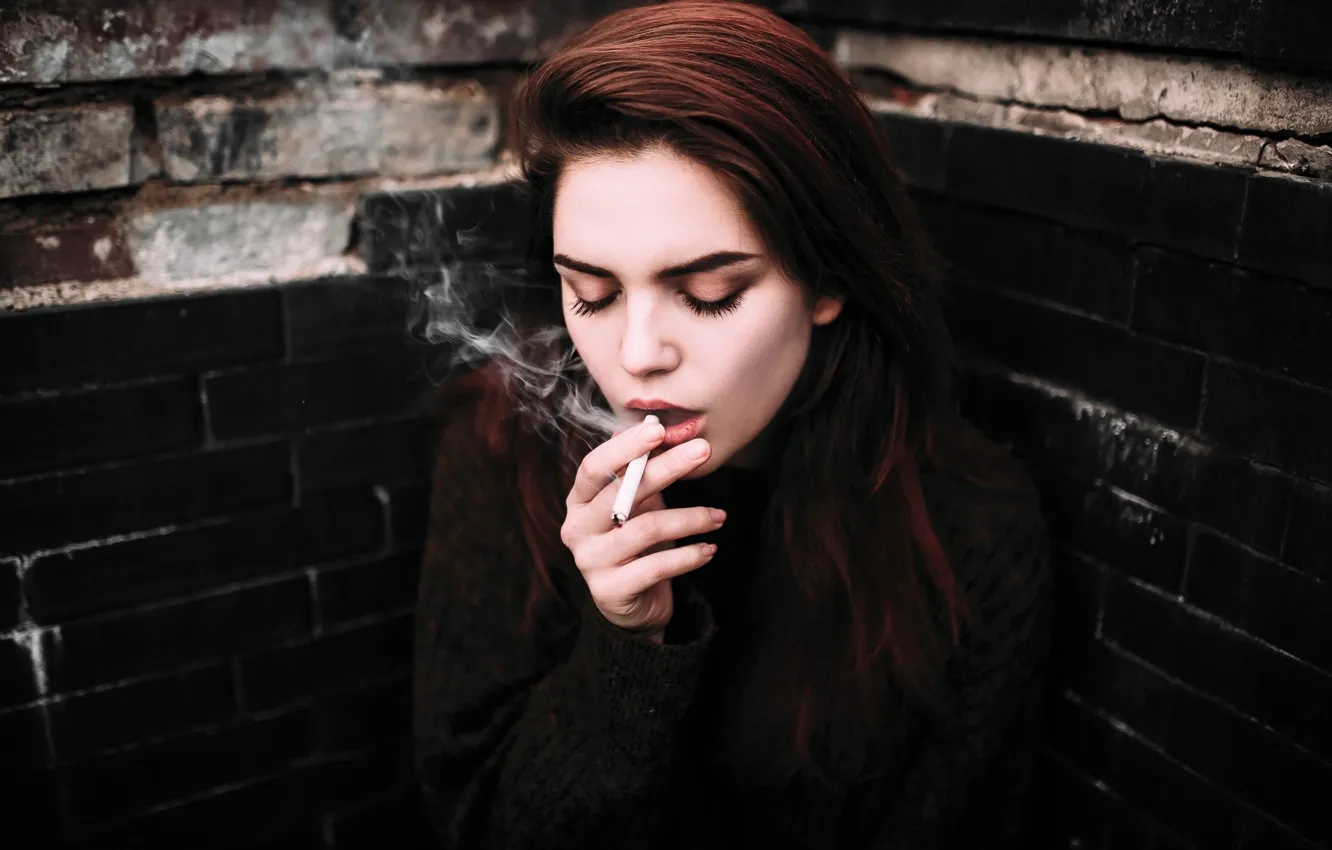 Photo wallpaper girl, wall, black, smoke, brick, makeup, hairstyle, cigarette