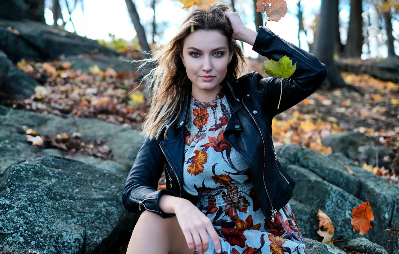 Photo wallpaper autumn, look, leaves, girl, pose, stones, hands, dress