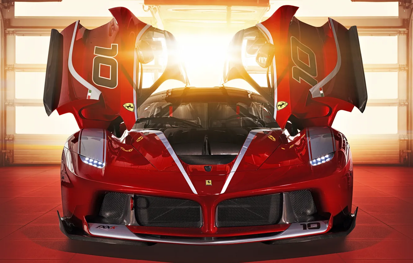 Photo wallpaper red, lights, door, the hood, Ferrari