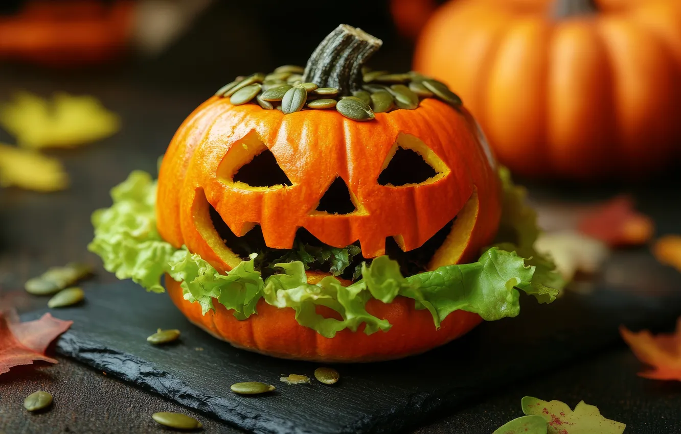 Photo wallpaper Halloween, faces, table, holiday, AI art, lettuce, pumpkin, Halloween