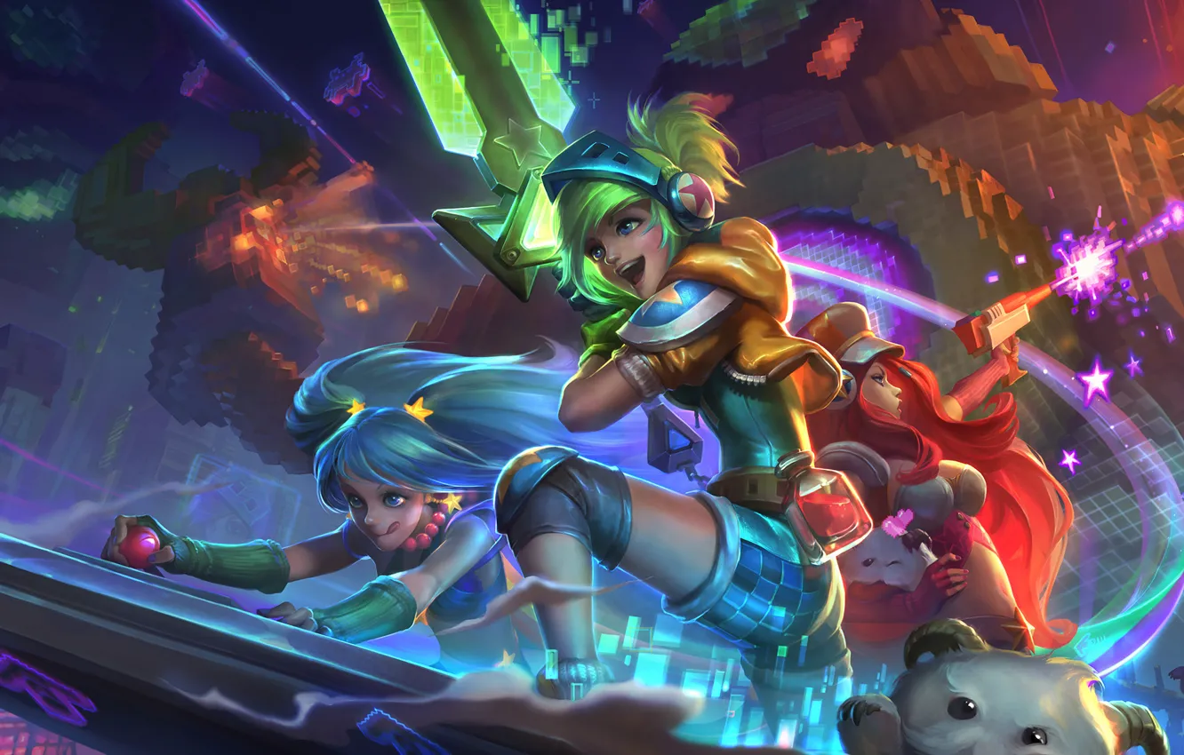 Photo wallpaper League of Legends, fan art, riven, Bounty Hunter, sona, Miss Fortune, Maven of the Strings, …
