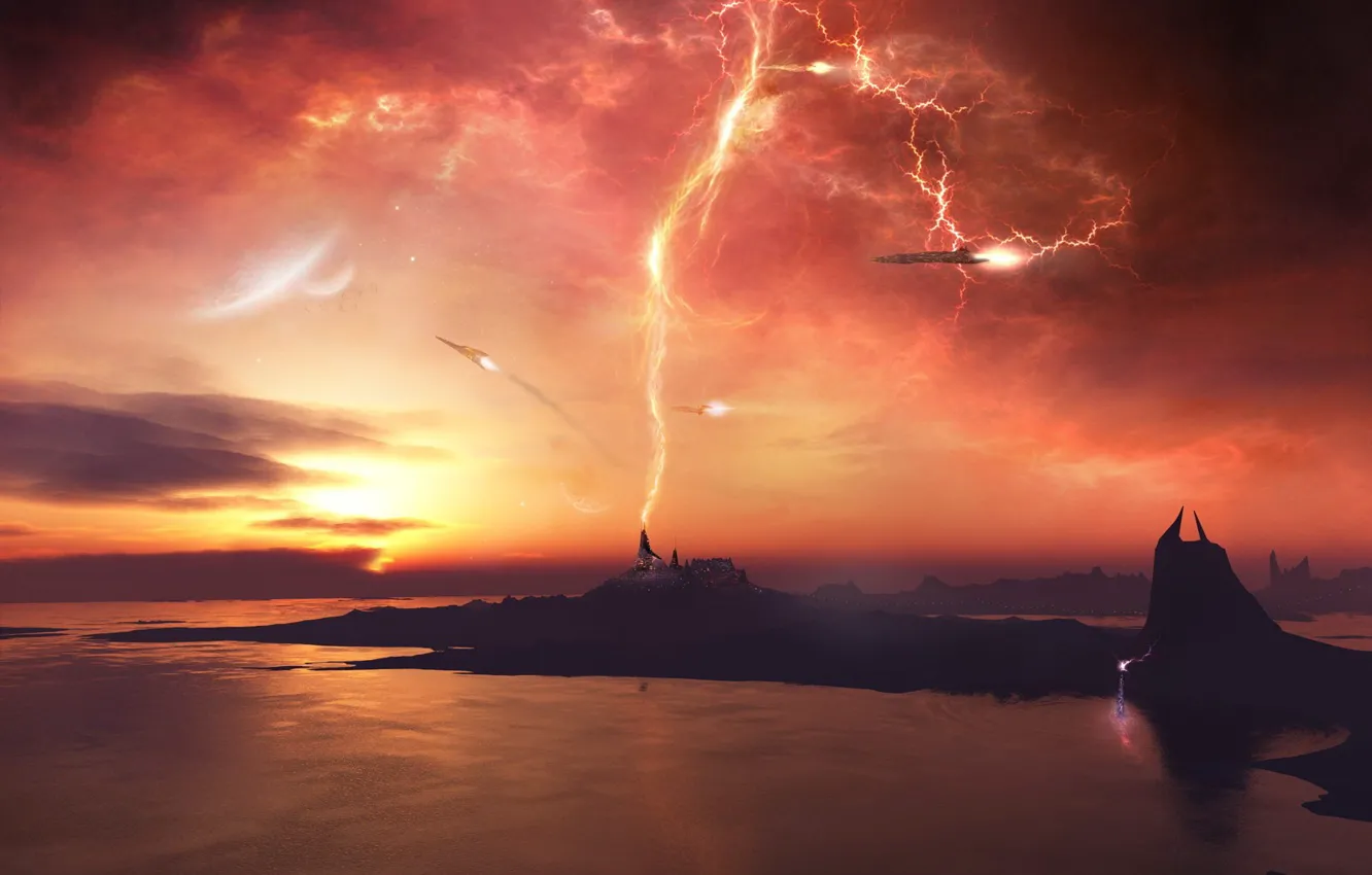 Photo wallpaper magic, ships, Lightning