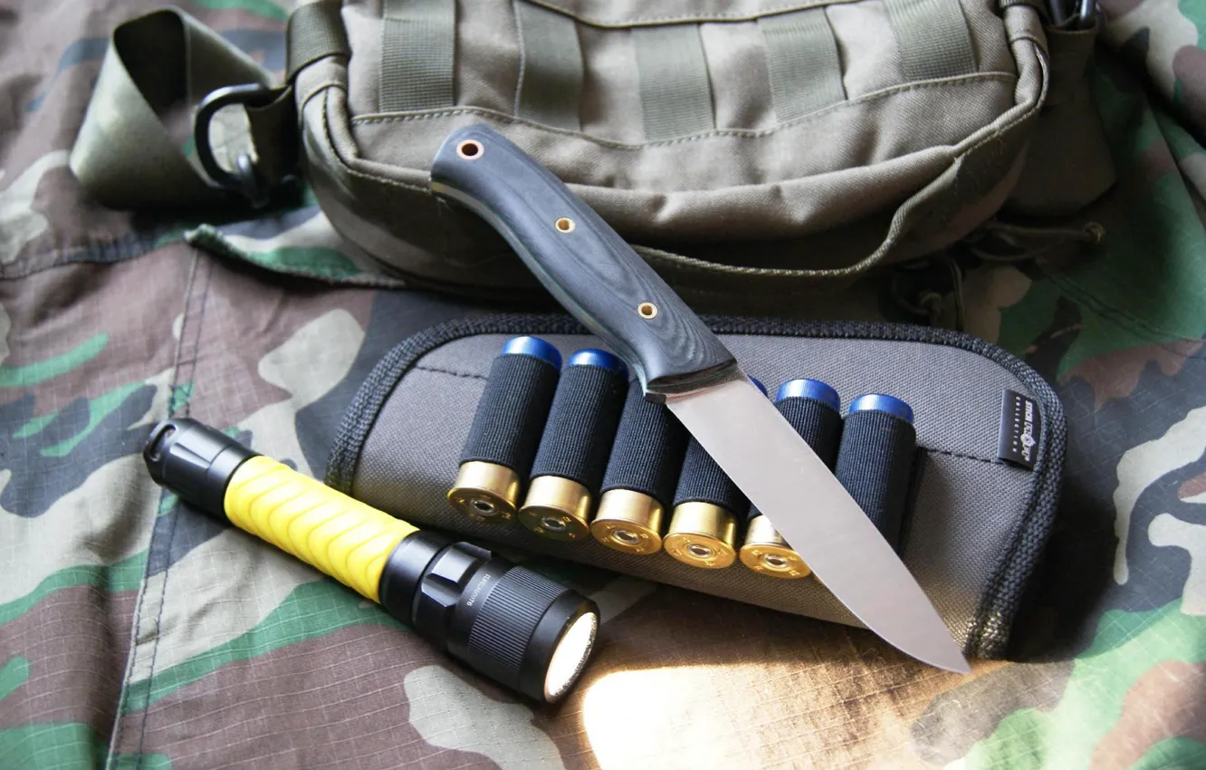 Photo wallpaper knife, lantern, camouflage, cartridges, amunicja