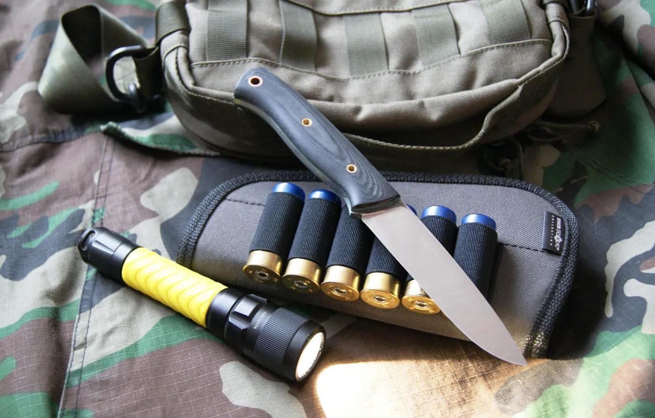 Photo wallpaper lights, knife, camouflage, cartridges, amunicja