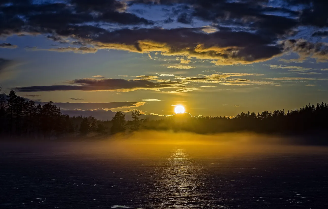Photo wallpaper sunset, fog, lake