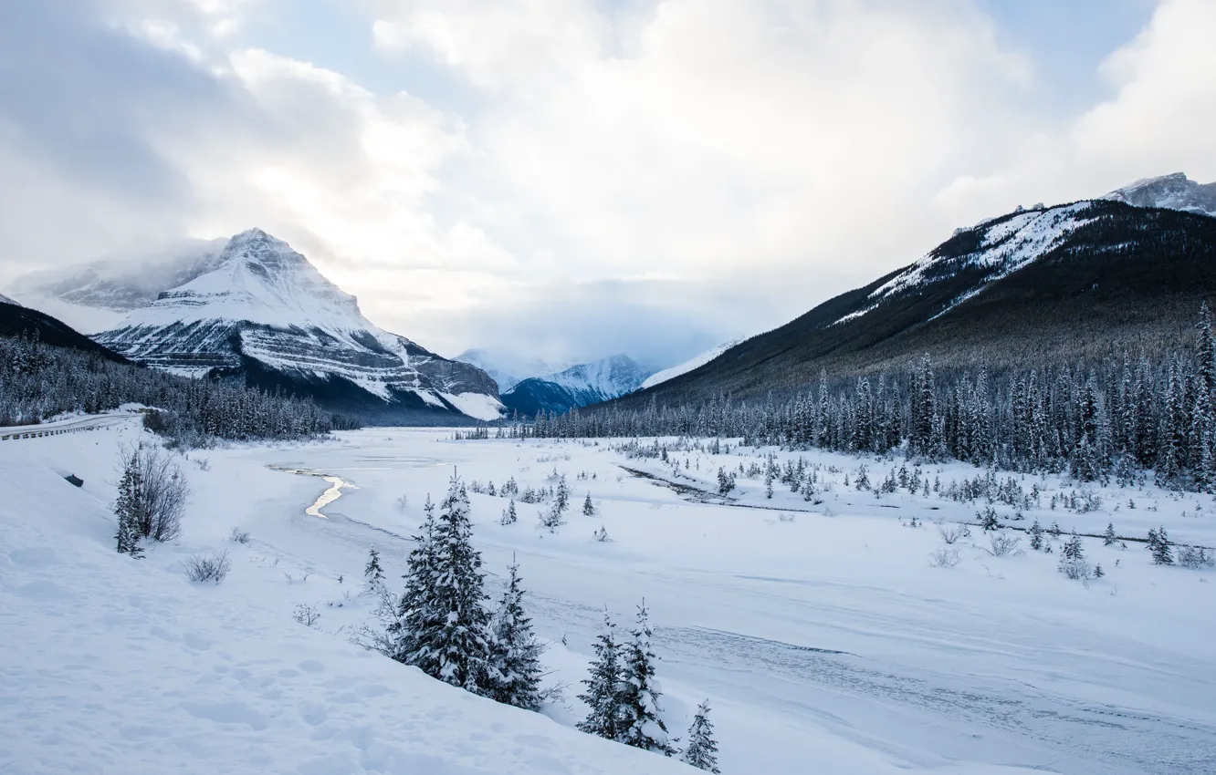 Photo wallpaper road, river, winter, mountains, snow, frozen