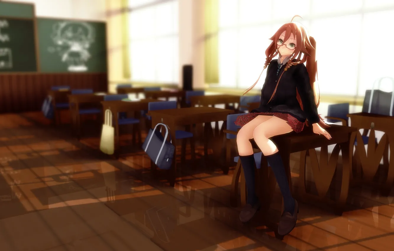 Photo wallpaper girl, glasses, form, class, vocaloid, school, desks, sitting