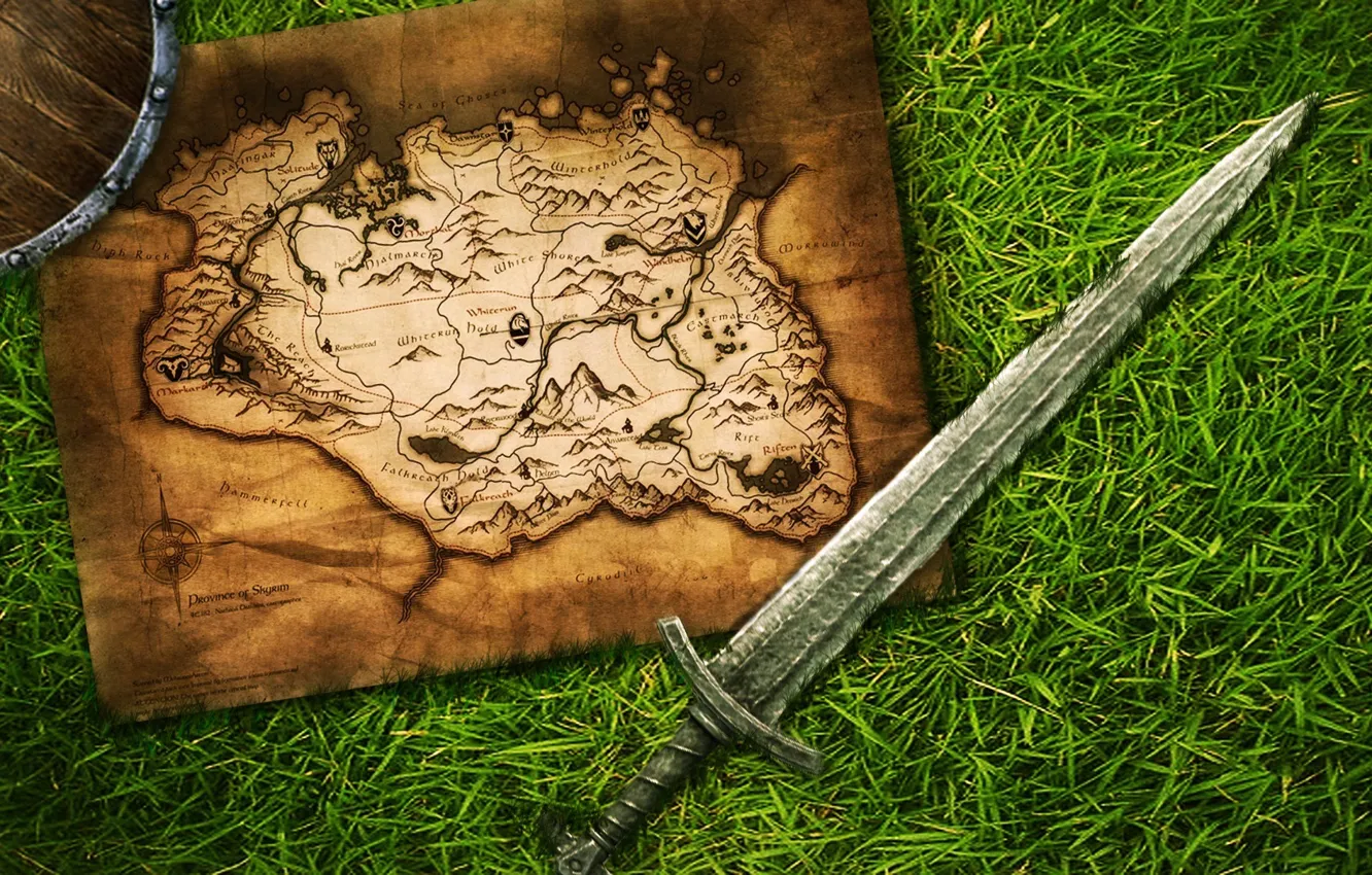 Photo wallpaper road, the way, map, sword, Skyrim, Skyrim
