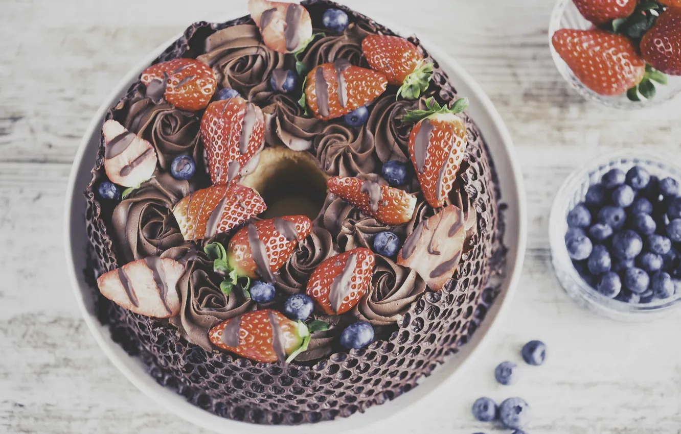 Photo wallpaper berries, blueberries, strawberry, cake