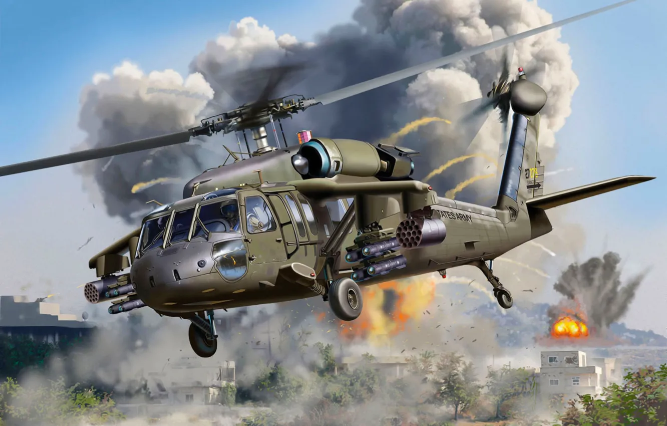 Photo wallpaper war, art, airplane, painting, UH-60A TRANSPORT HELICOPTER